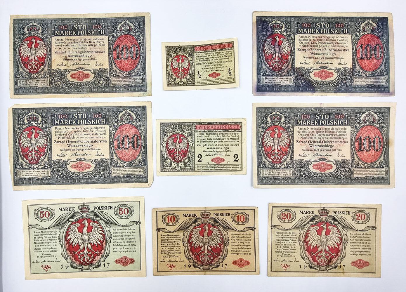 1/2 do 100 marek polskich 1916, zestaw 9 banknotów - RZADKIE